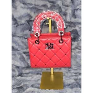 NWT Badgley Mischka Red Quilted Small Handle Tote Bag with Studs‎ msrp $130